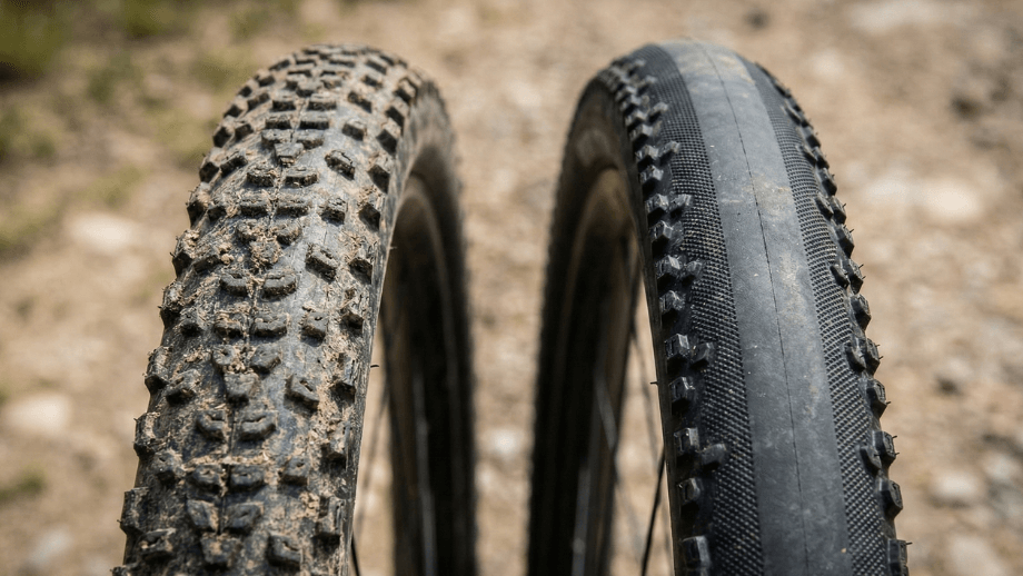 Close-up vergelijking van twee gravelbanden: links een band met grof noppenprofiel voor modder, rechts een snelle semi-slick band.
