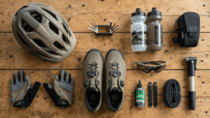 Een flatlay-foto van bovenaf met alle essentiële gravelbike benodigdheden uitgestald op een houten tafel: helm, schoenen, minitool en bidons.
