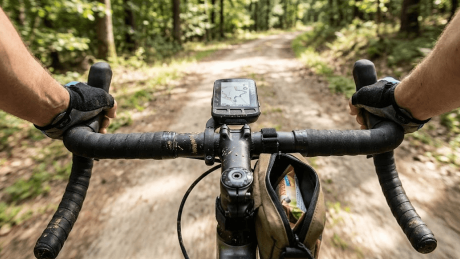 Point-of-view (POV) vanaf het zadel van een gravelbike stuur met fietscomputer en stuurtasje, onmisbare gravelbike benodigdheden voor navigatie.