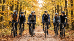 Een lachende groep fietsers in een herfstbos die perfect illustreert waarom is gravelbiken zo'n populaire sociale sport geworden.