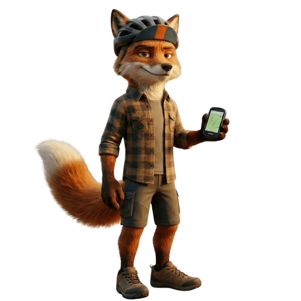 Mascotte Jasper de vos houdt een GPS-apparaat vast en wijst de weg als gids voor de online fiets academy.