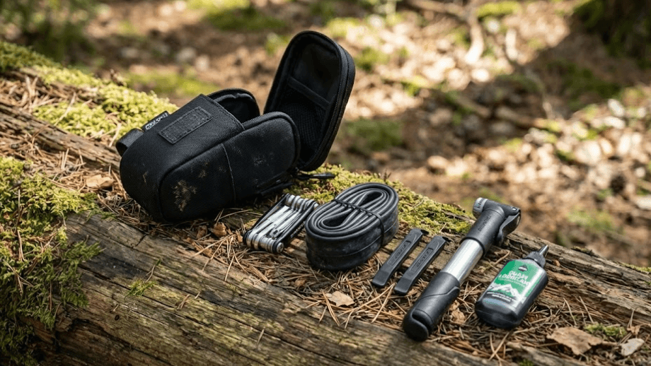 Een opengevouwen zadeltasje op een boomstam met de inhoud (minitool, binnenband, pomp) zichtbaar als essentiële gravelbike benodigdheden voor onderweg.