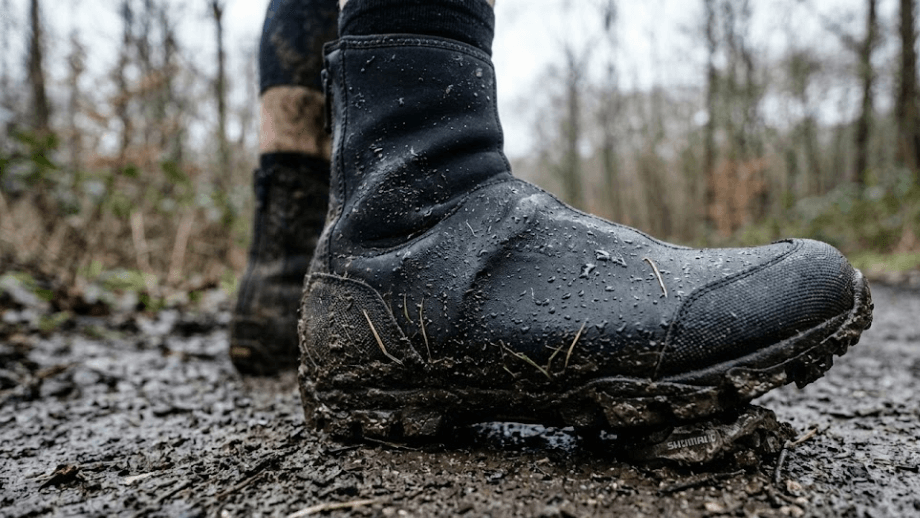 Detailopname van het dikke 3mm neopreen materiaal van een overschoen met condensdruppels, het warmste materiaal voor de beste overschoenen gravelbike.