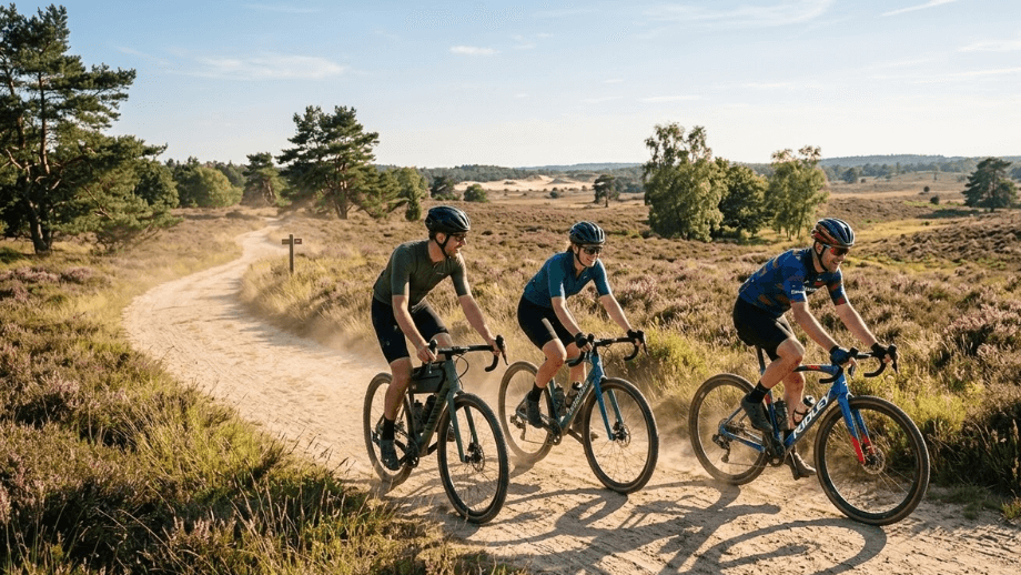 Drie fietsers op verschillende modellen van de beste gravelbike merken rijden samen over een stoffig zandpad op een zonnige heide.