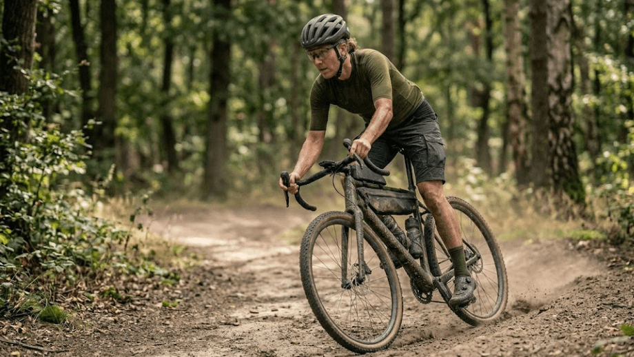 Een fietser oefent zijn bochtentechniek door druk op het buitenste pedaal te houden en vooruit te kijken, een essentieel onderdeel van trainen voor graveltocht.