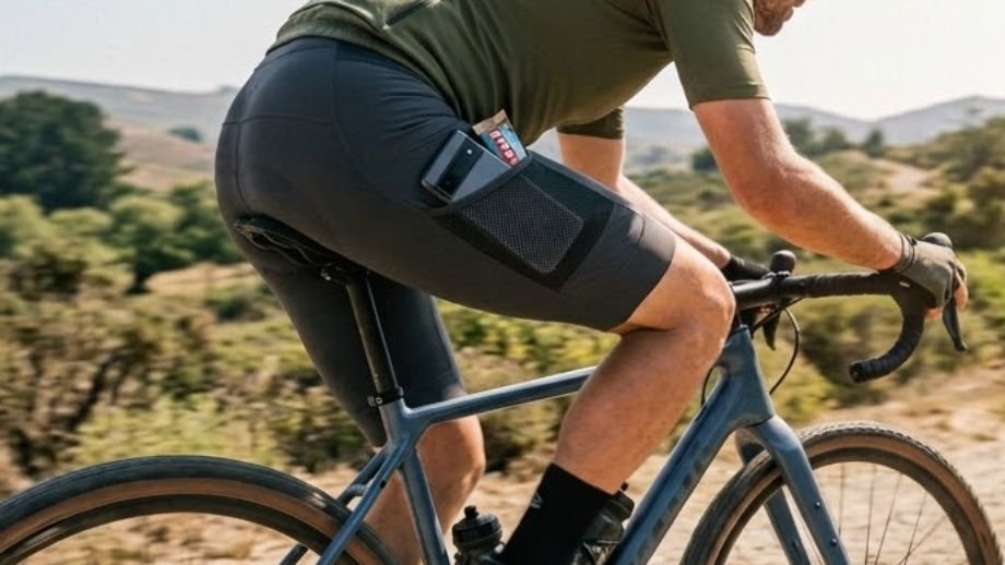 fietser met smartphone in de beenzak van een fietsbroek met zakken tijdens gravelbiken