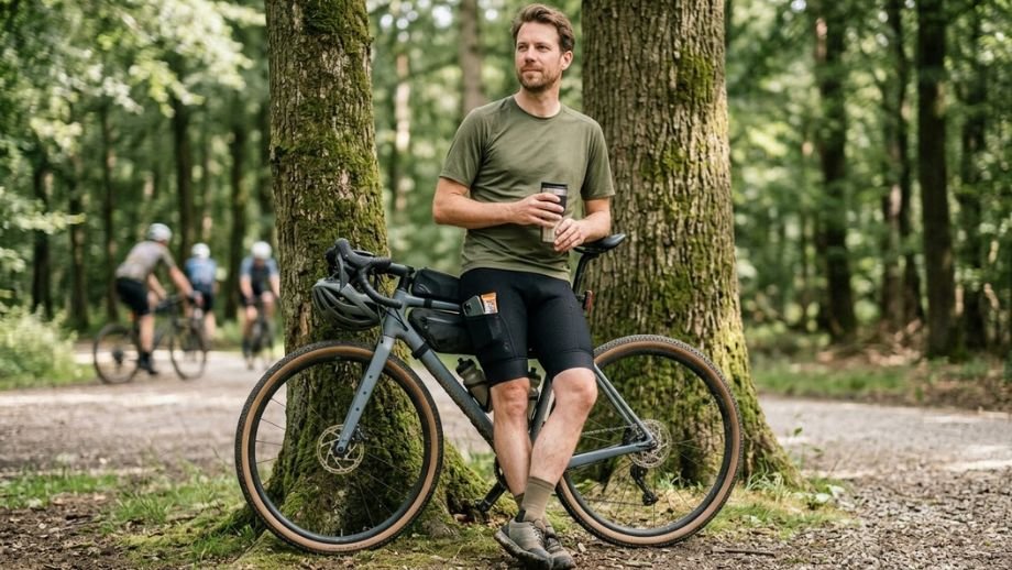 casual outfit voor gravelbiken bestaande uit een t-shirt en een fietsbroek met zakken voor de t-shirt ride