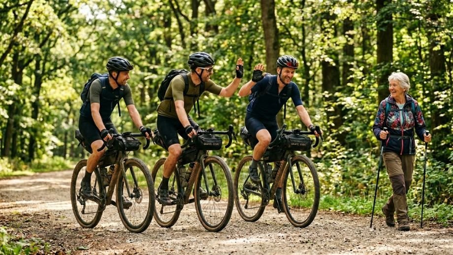 Vriendelijk een wandelaar passeren helpt bij de acceptatie en bepaalt in de toekomst waar mag je gravelbiken in Nederland.