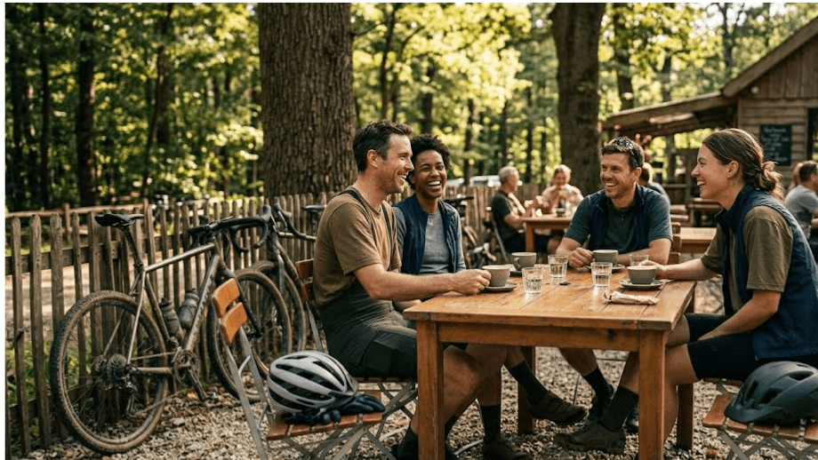 Een groepje gravelbikers in casual 'Tech Tees' en baggy shorts die koffie drinken op een terras, wat de ontspannen cultuur rondom gravelkleding vs racefiets kleding benadrukt.