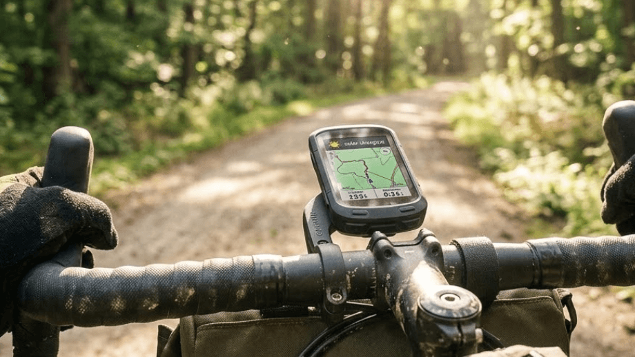 Een wijd shot van een zonnig boslandschap waar een gravelbiker aan het bikepacking is; de solar panelen op het scherm van de fietscomputer laden het apparaat op.