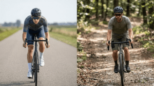 Een split-screen foto die de strijd gravelkleding vs racefiets kleding toont: links een wielrenner in strak aerodynamisch lycra op asfalt, rechts een gravelbiker in een casual tech-tee en cargo bib in het bos.