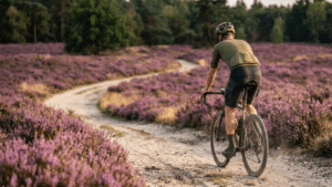 Een fietser fietst over een uitgestrekt zandpad op de bloeiende heide, een typisch beeld voor de mooiste gravelroutes in Nederland zoals de Veluwe of Drenthe.