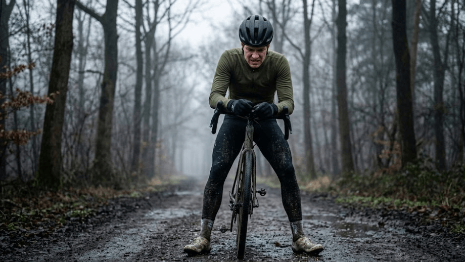 Een gravelbiker met modderige benen kijkt gefrustreerd naar zijn natte fietsschoenen, wat de noodzaak van de beste overschoenen gravelbike benadrukt.