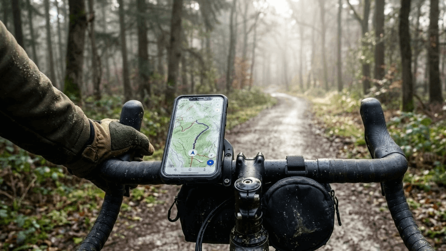 Een POV-shot over het stuur van een gravelbike op een mistig bospad, waarbij een smartphone met een van de beste gravelbike apps de route navigeert.