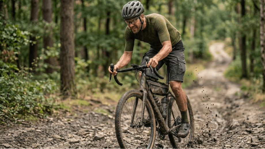 Een gravelbiker fietst vol inspanning over een modderig en stenig pad tijdens het trainen voor graveltocht.
