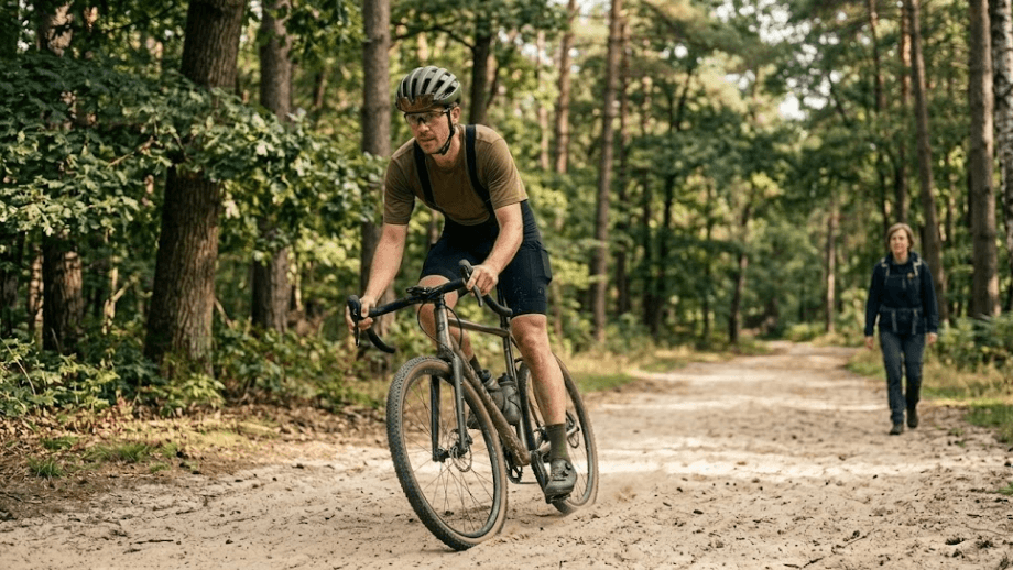 Een fietser past de juiste gravelbike techniek toe in een bocht op een bospad, terwijl hij veilig afstand houdt van een wandelaar op de achtergrond.