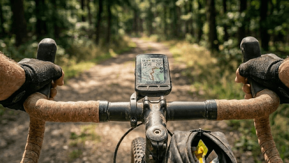 Een close-up van een gravelbikestuur met een GPS-route en een geopende energiereep, cruciaal om te testen tijdens het trainen voor graveltocht.