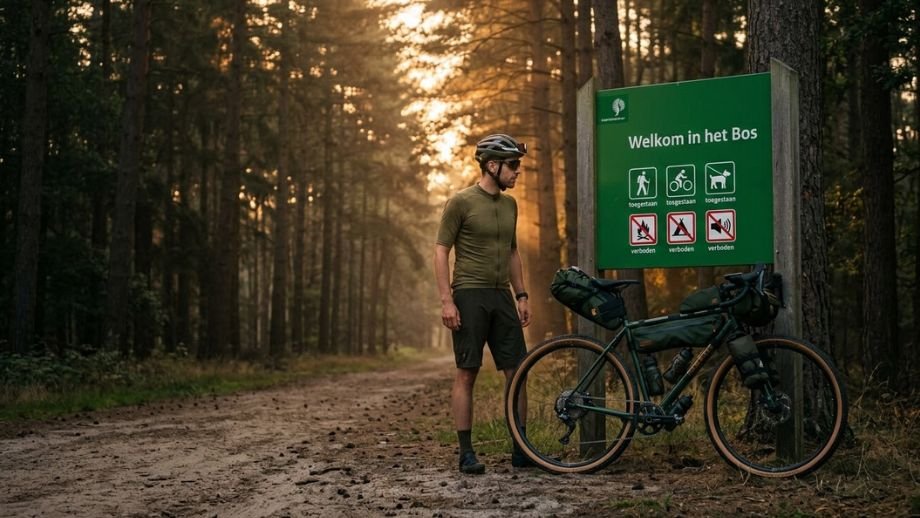 Een gravelbiker checkt een toegangsbord in het bos om antwoord te krijgen op de vraag: waar mag je gravelbiken in Nederland?
