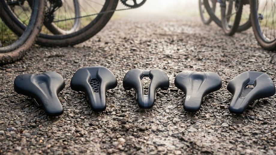 Bovenaanzicht van de 5 beste gravelbike zadels van 2026 van de merken SQlab, Ergon, Selle Italia en Fizik, liggend op een modderig grintpad.