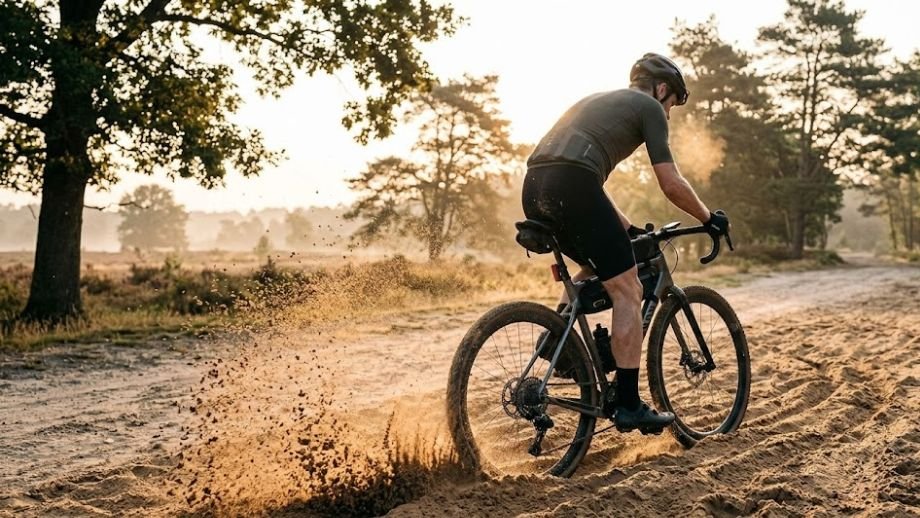 Gravelbiker op breed zandpad op de Veluwe met opspattend zand, vroege ochtendsfeer REBOUND