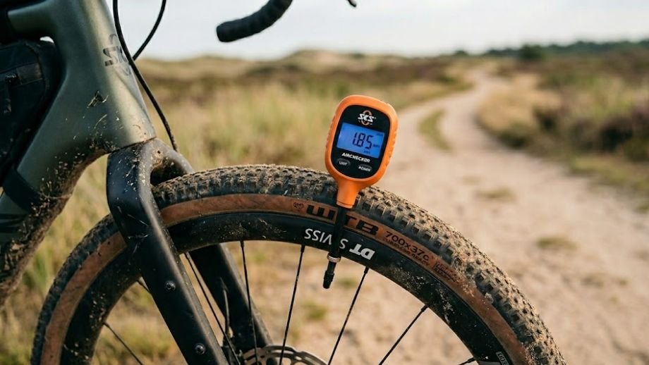 Digitale bandenspanningsmeter op tubeless 
gravelband ventiel met zandpaden op de achtergrond