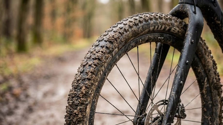 Close-up van brede 2.25 inch gravelbanden met modderprofiel voor ultra-endurance ritten.