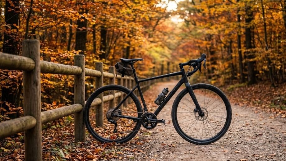 Een aluminium beginner gravelbike leunt tegen een houten hek op een onverhard bospad tijdens de herfst.