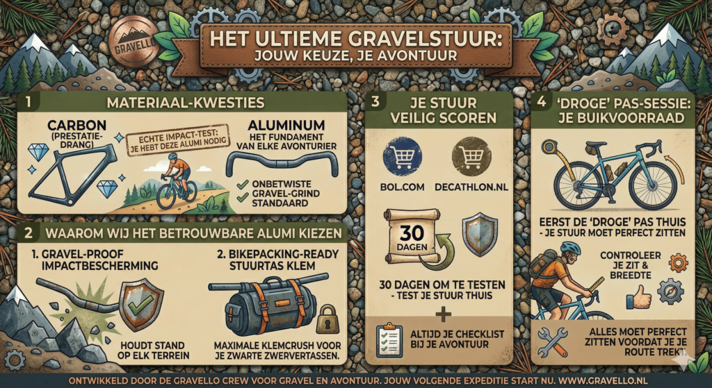 Infographic met handige tips voor het kiezen van het beste gravelstuur, met uitleg over aluminium versus carbon en het bepalen van de juiste breedte.