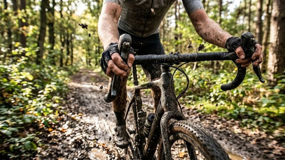 Fietser houdt comfortabel het beste gravelstuur vast tijdens een modderige off-road afdaling in de beugels.
