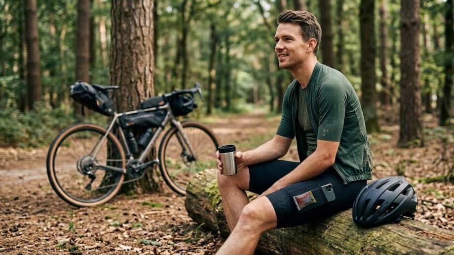 Een gravelbiker geniet van een koffiestop in het bos, dragend de Bioracer Icon Gravel die tot de beste cargo bibshorts van 2026 behoort.