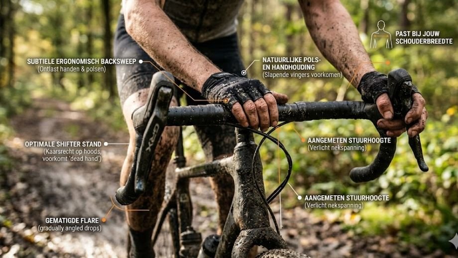 Gedetailleerd first-person perspectief van modderige handen die een ergonomisch gravelbike stuur vastgrijpen in het bos. Technische tekst overlays wijzen op backsweep, flare, optimale shifterstand en stuurhoogte voor pijnvrij gravelen.