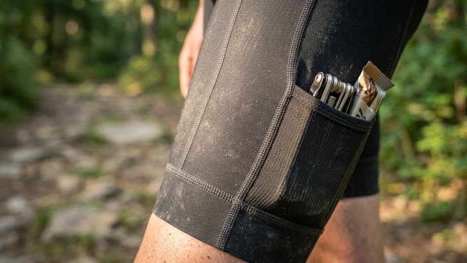 gedetailleerde macro-opname van de robuuste, slijtvaste technische stof van een gravel cargo bibshort met een geïntegreerde zijzak en een multi-tool.