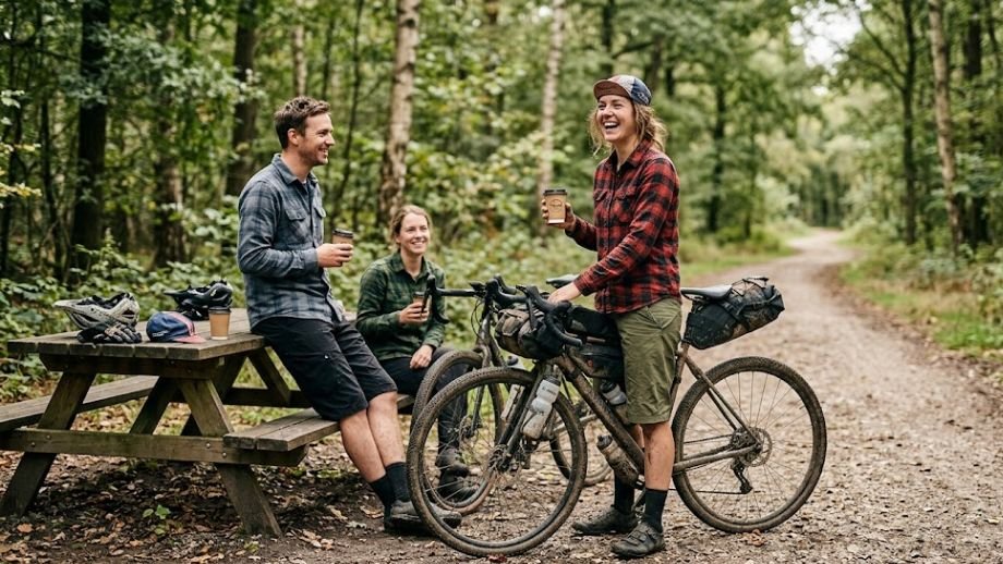 Gravel vibes kleding: casual gravelrijders in flanellen shirts drinken koffie in het bos.