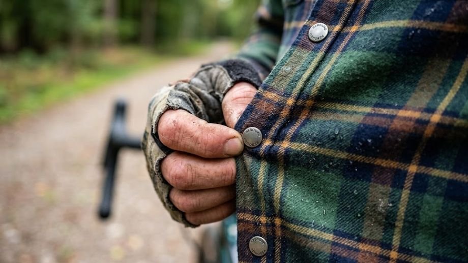 Detailopname van gravel vibes kleding met focus op rekbare stof en functionele drukknopen van een technisch merino fietsshirt.
