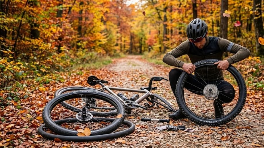 Welk gravelband profiel kiezen in de herfst: 
gravelbiker wisselt band langs onverhard bospad 
naar allround of noppenprofiel