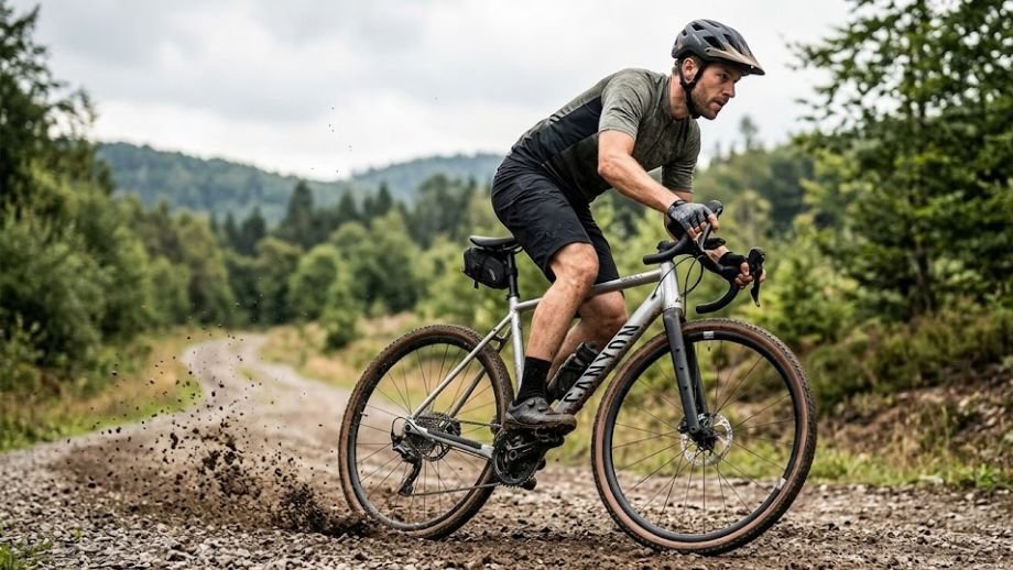 Gravelbiker op aluminium gravelbike van 1500 euro 
rijdt over onverhard pad met opspattende modder