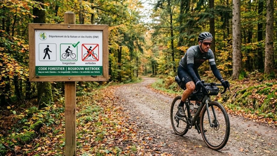 Een gravelbiker rijdt langs een officieel routebord op een breed grindpad (chemin) in een Ardens bos.