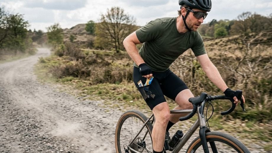 Een gravelbiker fietst off-road en pakt soepel een energiereep uit de handige zijzak van een van de beste cargo bibshorts.