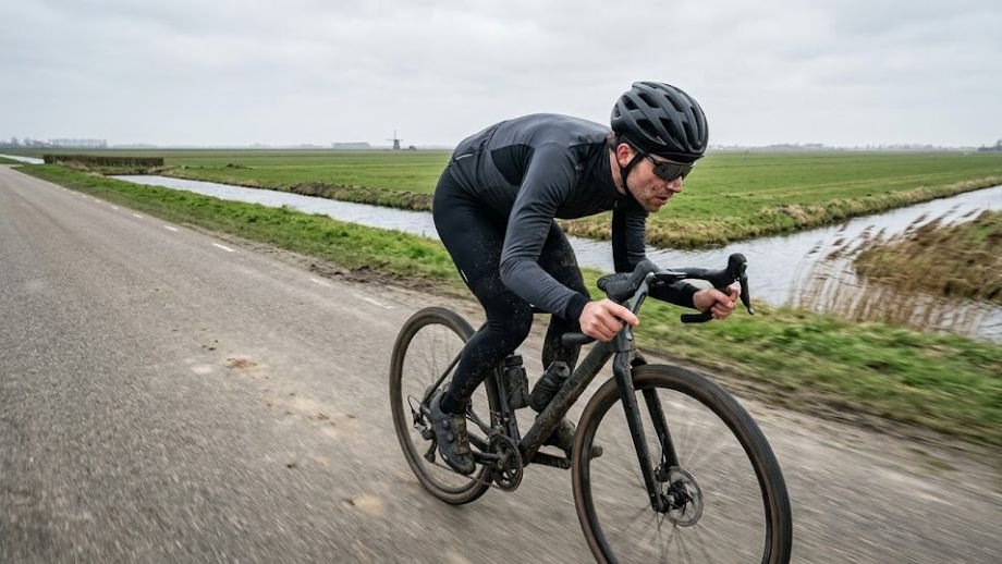 Fietser in de beugels van een breed gravelstuur vecht tegen de wind op een open weg in de polder.