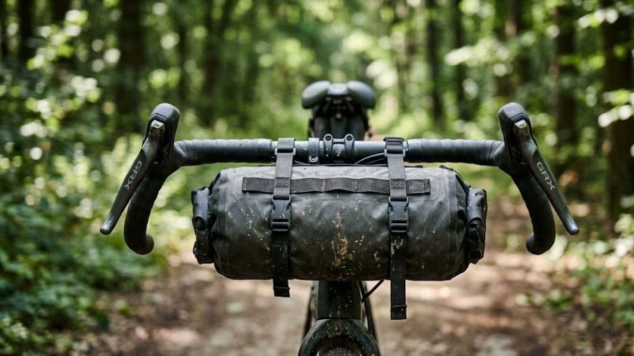 Een grote bikepacking stuurtas is probleemloos gemonteerd tussen de wijde beugels van een gravelstuur met veel flare.