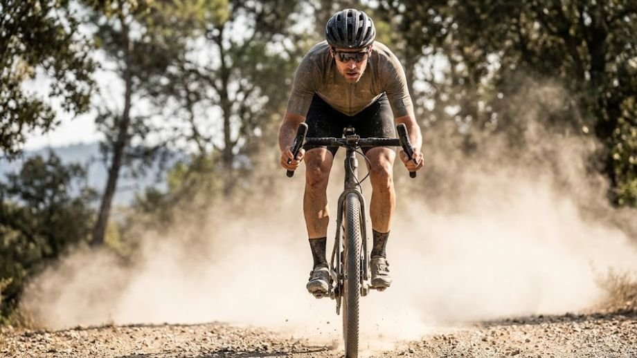 Gravelbiker fietst off-road en gebruikt de brede beugels van een gravelstuur met flare voor maximale controle.