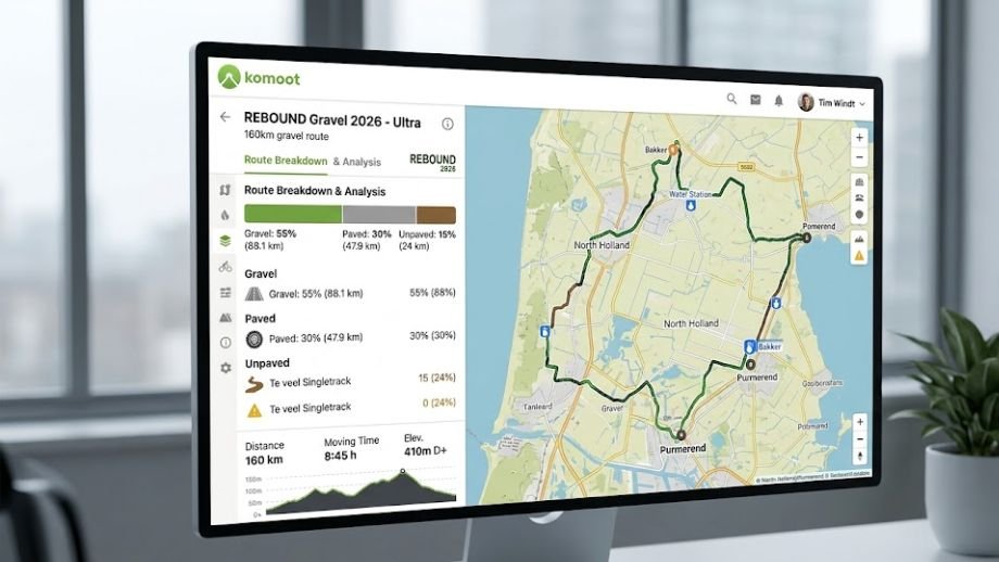 Schermafbeelding van de Komoot routeplanner met focus op oppervlakteanalyse om een REBOUND gravelroute plannen.