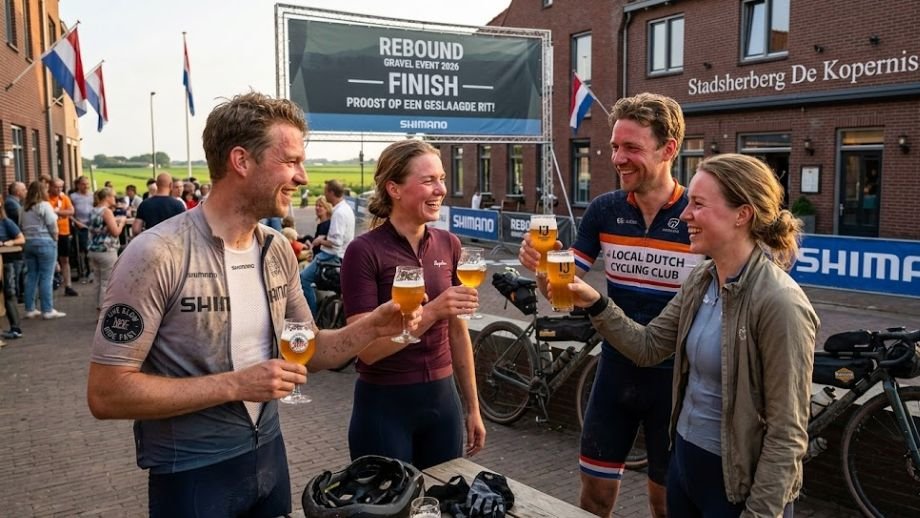 Lachende gravelbikers die proosten met bier na het voltooien van hun REBOUND gravel event 2026 rit.