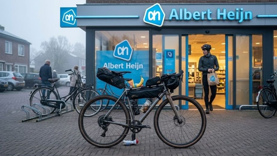 Bepakte gravelbike geparkeerd voor een Albert Heijn ter illustratie van de bevoorradingsregels van het REBOUND gravel event.