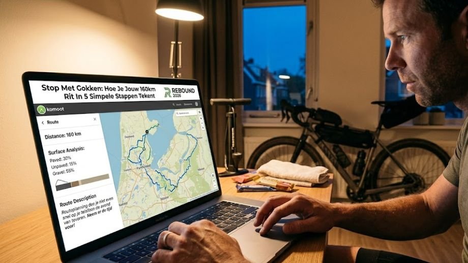 Gravelbiker plant 's avonds thuis zijn Ultra categorie REBOUND route op een laptop via Komoot.