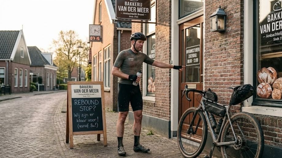 Gravelbike geparkeerd voor een kleine dorpsbakker voor bevoorrading tijdens een gravelrit.