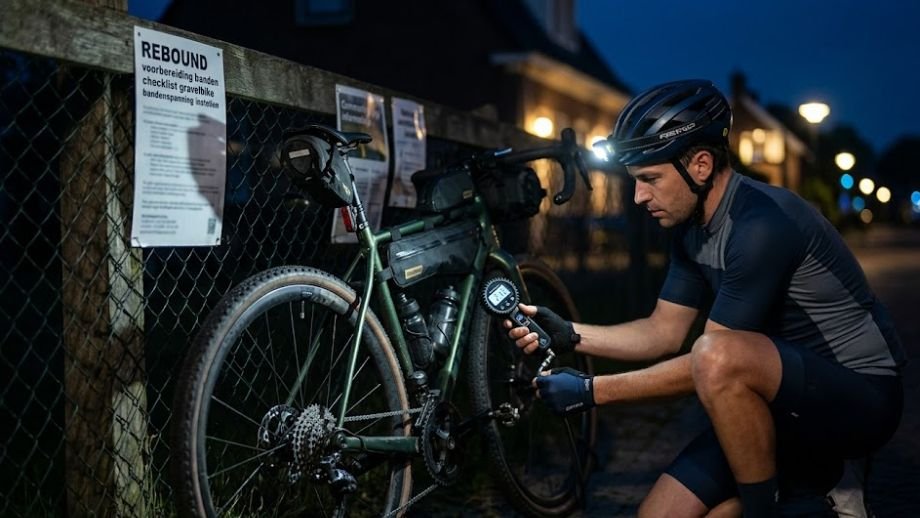 Gravelbiker controleert bandenspanning met digitale 
meter in de vroege ochtend voor REBOUND start