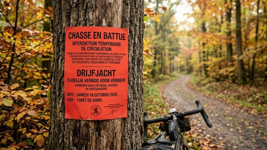 Een officiële rode affiche aan een boom in de Ardennen die waarschuwt voor een drijfjacht en toegang verbiedt.