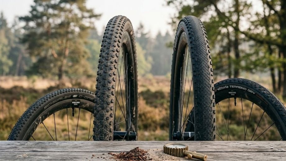 Schwalbe G-One Bite en Vittoria Terreno Dry 
gravelband profielvergelijking voor Veluws zand