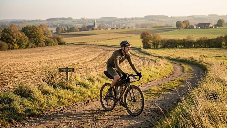Een fietser op een gravelbike rijdt over een onverharde trage weg (buurtweg) in het Vlaamse Hageland.